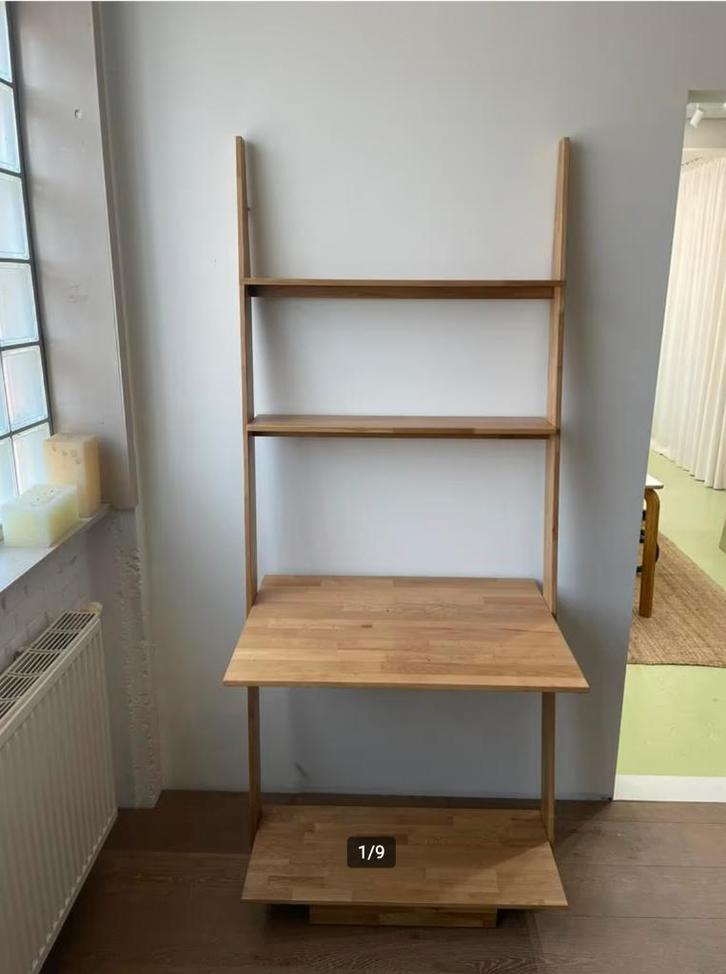 Massief eiken wandrek met geïntegreerd bureautje, Huis en Inrichting, Woonaccessoires | Wandplanken en Boekenplanken, Gebruikt