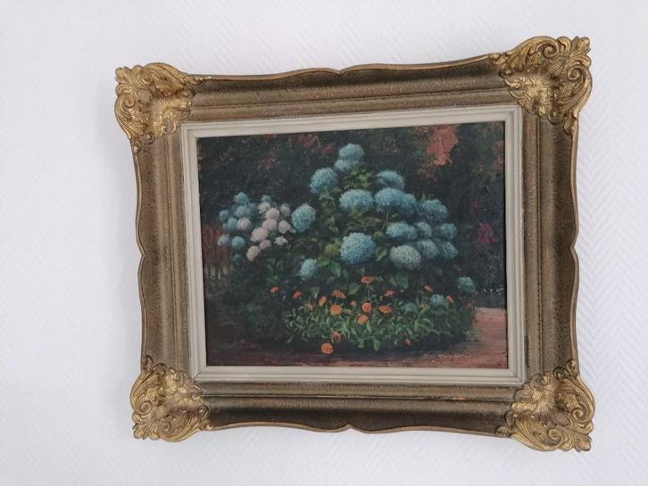 Antiek schilderij op paneel - Boeket Hortensia’s, Antiek en Kunst, Kunst | Schilderijen | Klassiek, Ophalen of Verzenden