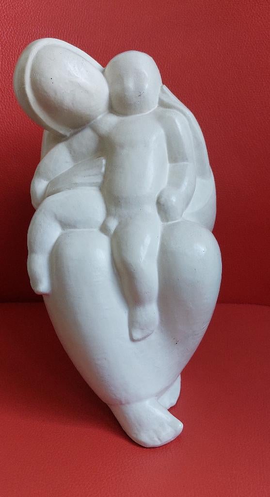 Beeld Gustave Van Den Meersche (1891-1970) Moeder met kind, Antiek en Kunst, Ophalen, Gips, 20 - 50 cm, Wit