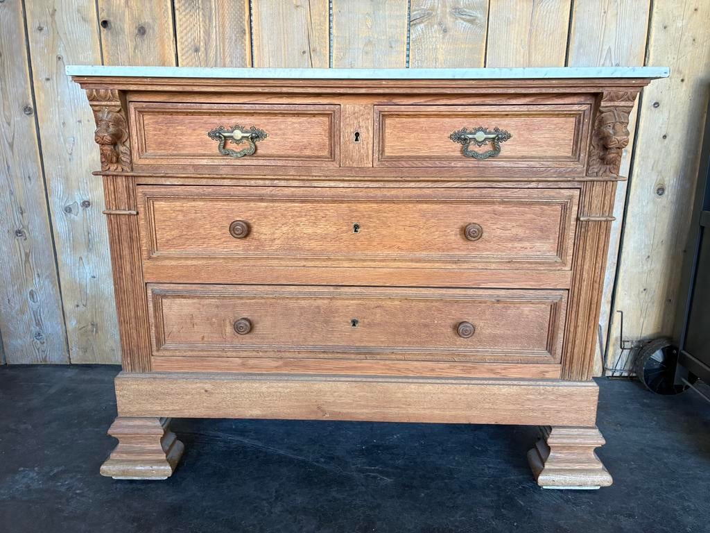 Antieke eiken ladenkast marmeren blad, Moins de 100 cm, Enlèvement, Utilisé, 50 à 100 cm