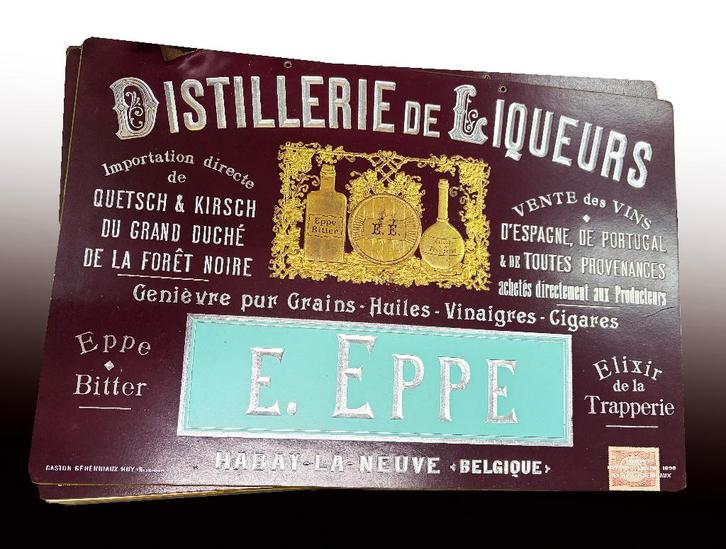 LIKEURSTOKERIJ VAN Plate 1898 E. EPPE HABAY-LA-NEUVE, Verzamelen, Merken en Reclamevoorwerpen, Zo goed als nieuw, Reclamebord