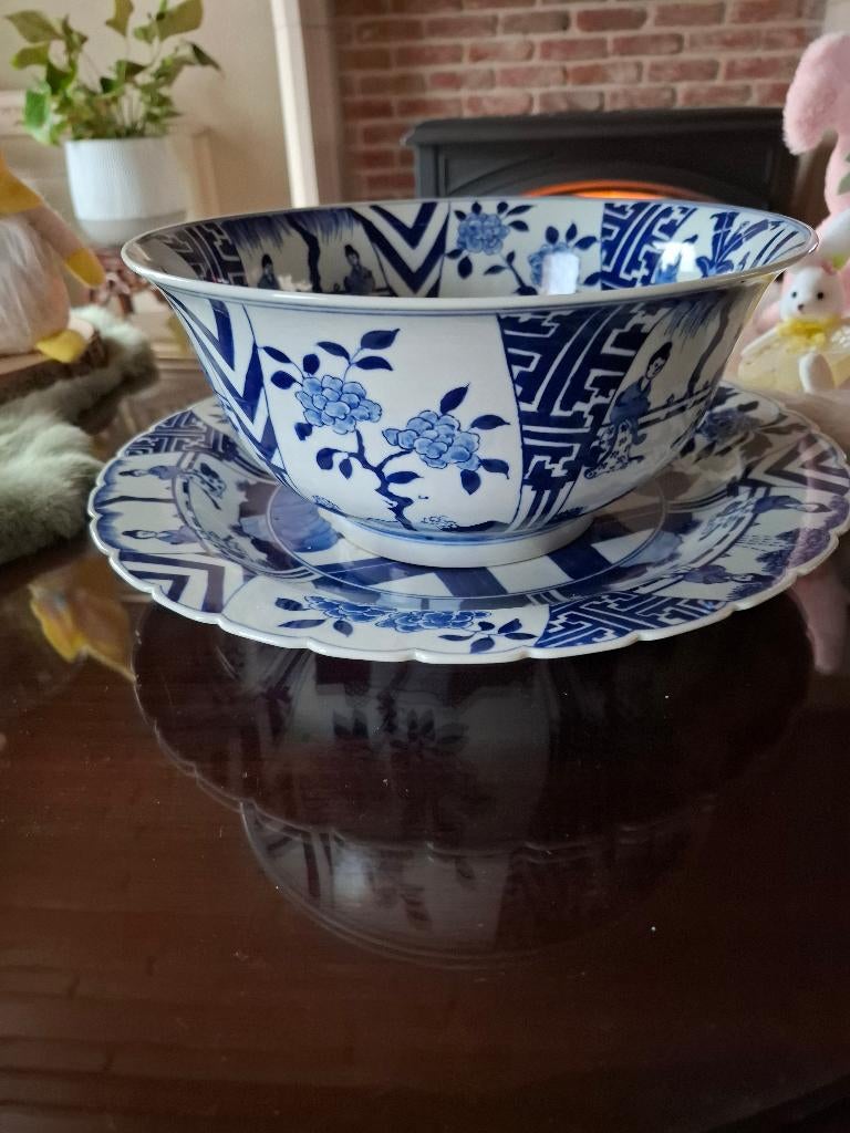 Chinese blauw witte schaal + bord, Antiek en Kunst, Ophalen