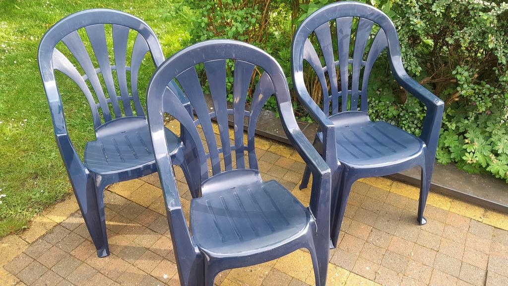 3 blauwe tuinstoelen Jardin, Ophalen, Plastic