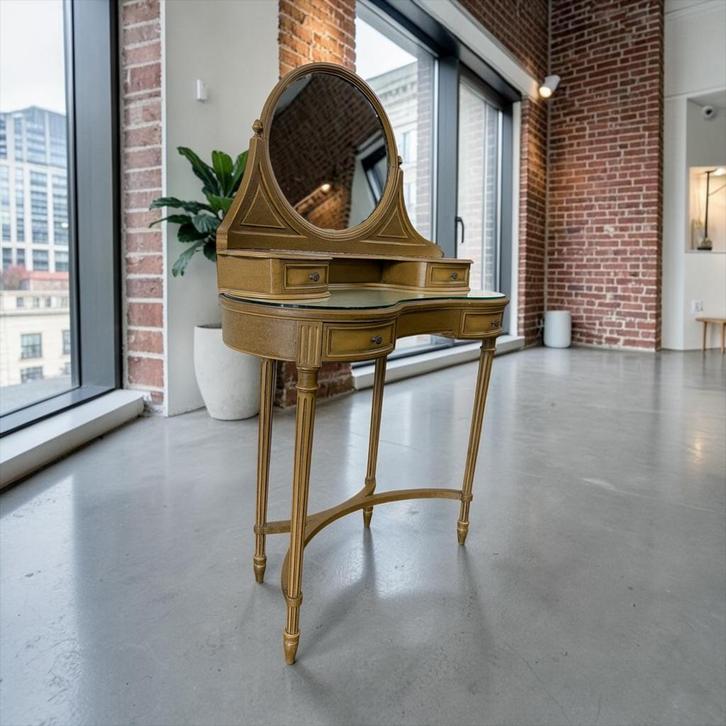 Vintage curved 'gouden' console tafel met spiegel, Antiek en Kunst, Antiek | Meubels | Tafels, Ophalen