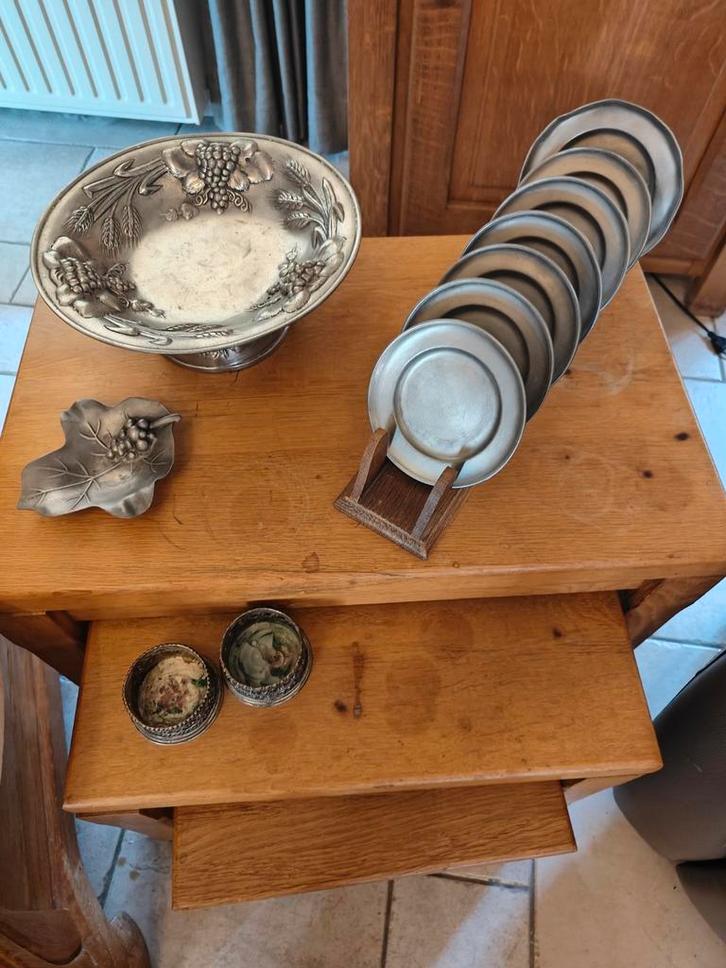 Tin bord, beeldjes, klok, koffie, thee, terinne, Huis en Inrichting, Woonaccessoires | Kisten, Ophalen