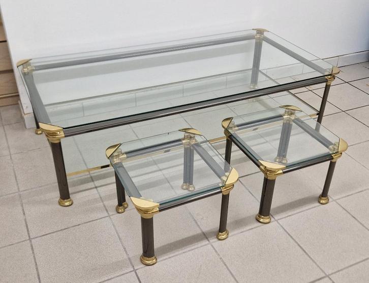 Moderne glazen tafelset + serveerwagen, Huis en Inrichting, Tafels | Salontafels, Gebruikt, Minder dan 50 cm, 50 tot 100 cm, 100 tot 150 cm