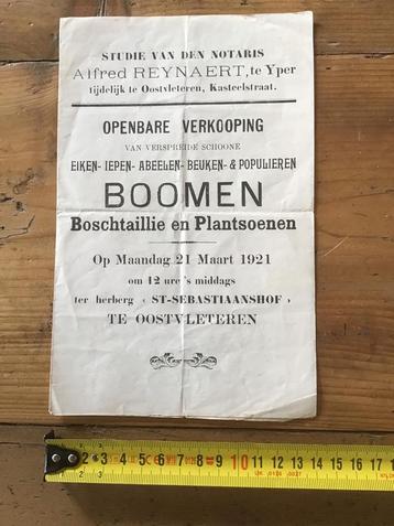 Oud document Oostvleteren 1921 verkoop bomen beschikbaar voor biedingen