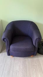 Blauwe fauteuil met kleine beige en rode patronen, Huis en Inrichting, Ophalen, Hout, Gebruikt, 75 tot 100 cm