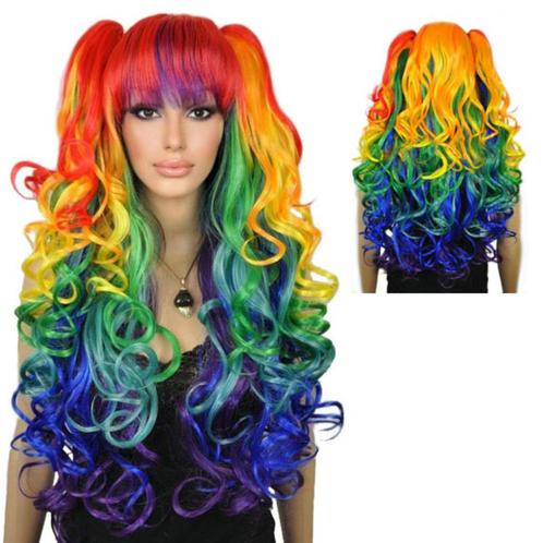 Luxe multi-color Pride regenboog krullen pruik + 2 staarten, Handtassen en Accessoires, Uiterlijk | Haarverzorging, Nieuw, Pruik of Haarverlenging
