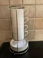 Houder met 4 tassen en bordjes, Ophalen of Verzenden, Zo goed als nieuw, Kop(pen) en/of Schotel(s)