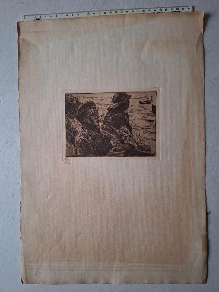 Ets in bister van Jean Delvin "Twee vissers", Antiek en Kunst, Kunst | Etsen en Gravures, Ophalen of Verzenden