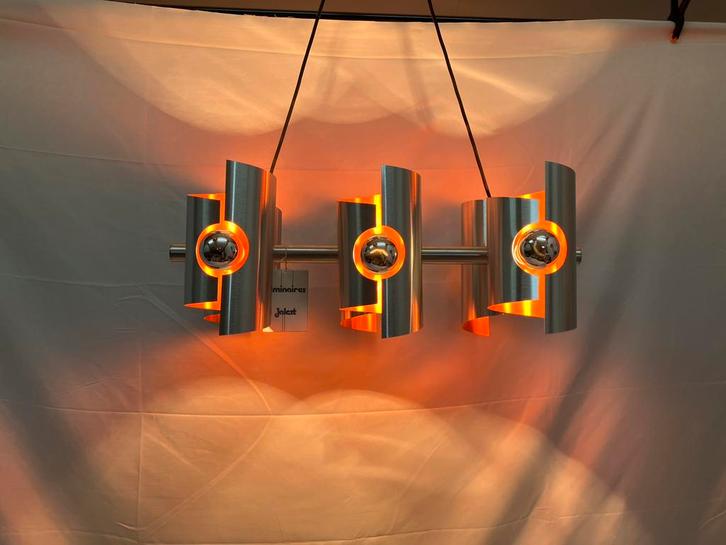 Vintage space age hanglamp, Polam, geborsteld aluminium, Huis en Inrichting, Lampen | Losse lampen, Zo goed als nieuw, Ophalen of Verzenden