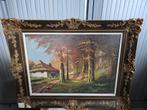 Schilderij bos met huis getekend Jean Noel in kader 90x69, Antiek en Kunst, Kunst | Schilderijen | Klassiek, Ophalen of Verzenden
