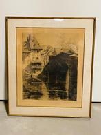 Gravure signée de Lucien Pénat - Le Café devant le Pont, Ophalen