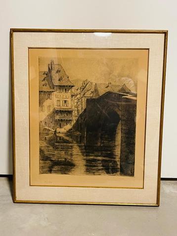 Gravure signée de Lucien Pénat - Le Café devant le Pont beschikbaar voor biedingen