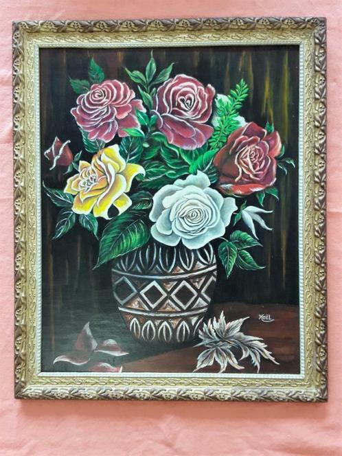 Bloemenschildertafel van HOËL met houten frame - vergulding, Antiek en Kunst, Kunst | Schilderijen | Klassiek, Ophalen