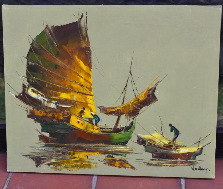 Oud Schilderij van venezuela boten - mooi kleurijk!, Antiek en Kunst, Kunst | Schilderijen | Klassiek, Verzenden