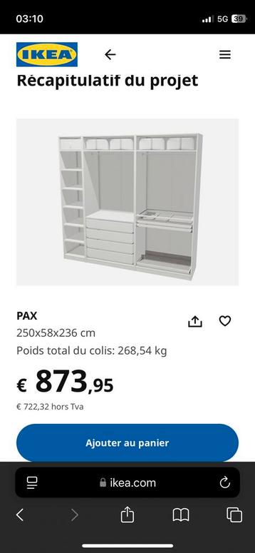 IKEA PAX witte kledingkast 2m36, Huis en Inrichting, Kasten | Kleerkasten, Ophalen, Zo goed als nieuw, 200 cm of meer