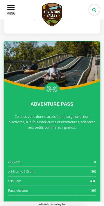Une place pour adventure valley (aventure parc de durbuy), Une personne, Ticket ou Carte d'accès