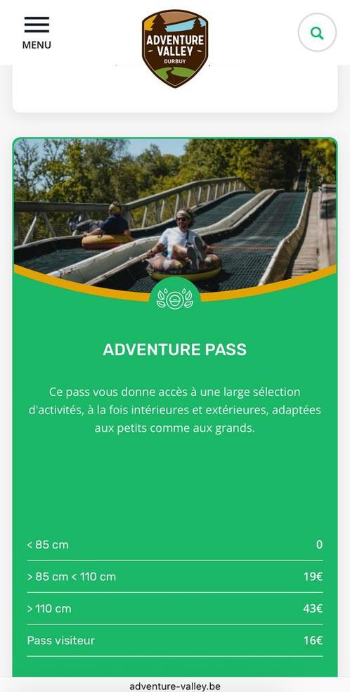 Une place pour adventure valley (aventure parc de durbuy), Tickets en Kaartjes, Recreatie | Overige, Eén persoon, Ticket of Toegangskaart