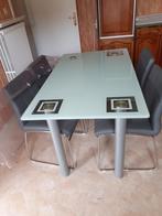 mooie sterke glazen tafel 140/ 80 cm + 4 dikke lederen stoel, 100 tot 150 cm, Zo goed als nieuw, Vier personen, Rechthoekig