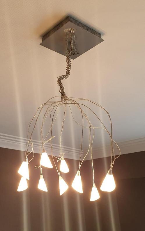 Hanglamp met hallogeen + bijhorende staanlamp - design, Huis en Inrichting, Lampen | Hanglampen, Zo goed als nieuw, Glas, Metaal