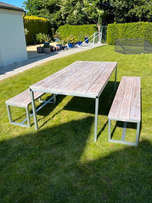 Eiken tuintafel met 2 banken., Tuin en Terras, Picknicktafels, Gebruikt, Rechthoekig, Hout, Ophalen