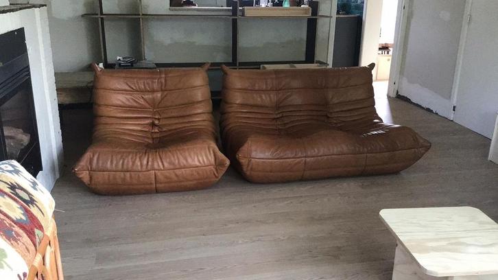 Cognac leder Togo zetels, Huis en Inrichting, Zetels | Zetels, Gebruikt, Rechte bank, Driepersoons, Leer, Ophalen