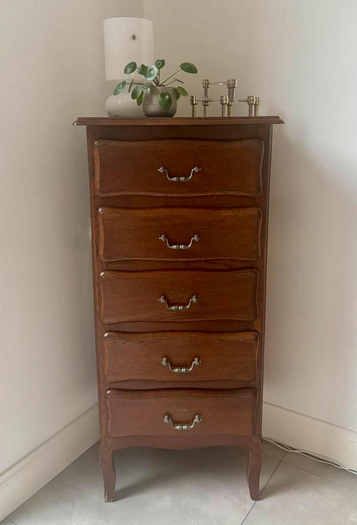 Chiffonnier / semainier 5 tiroirs en bois — style ancien, Maison & Meubles, Armoires | Commodes, Comme neuf, Métal, Enlèvement