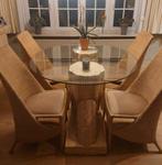 Glazen ronde tafel met 4 bijhorende rietenstoelen, Ophalen