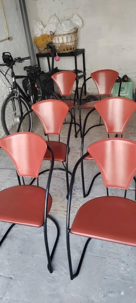 6 leren stoelen, Huis en Inrichting, Stoelen, Gebruikt, Vijf, Zes of meer stoelen, Leer, Metaal, Overige kleuren, Ophalen