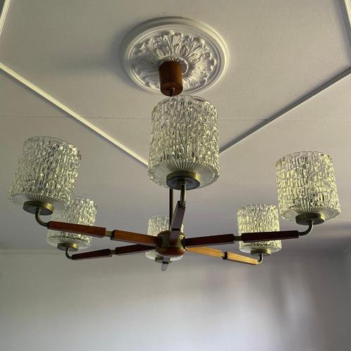 scandinavisch design teak houten hanglamp vintage, Huis en Inrichting, Lampen | Hanglampen, Zo goed als nieuw, 50 tot 75 cm, Glas