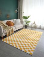 Geel geruit tapijt vloerkleed dambord 200x140 gele wit blok, Antiek en Kunst, Ophalen of Verzenden