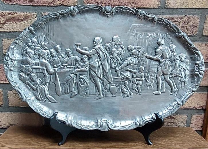 Tinnen tafereel met reliëf - Bruiloft te Kana - 94% Tin € 75, Antiek en Kunst, Antiek | Tin, Ophalen of Verzenden