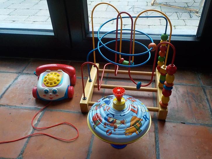 vintage baby speelgoed houten kralenspiraal tol telefoon, Antiek en Kunst, Antiek | Speelgoed, Ophalen of Verzenden