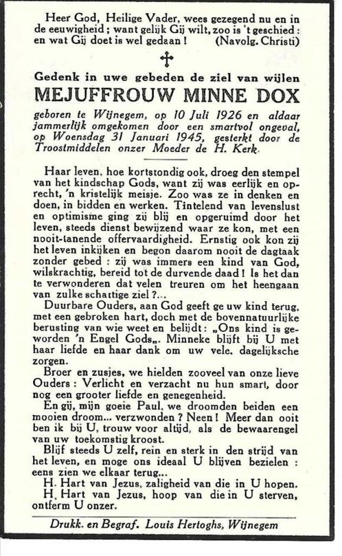 Minne Dox  oorlogsslachtoffer V1 bom Wijnegem 31/01/1945, Verzamelen, Bidprentjes en Rouwkaarten, Ophalen of Verzenden