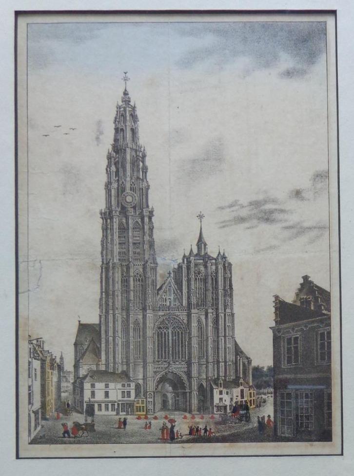 ONBEKEND / KATHEDRAAL ANTWERPEN / GRAVURE + AQUA / 37x30cm, Antiek en Kunst, Kunst | Etsen en Gravures, Ophalen of Verzenden