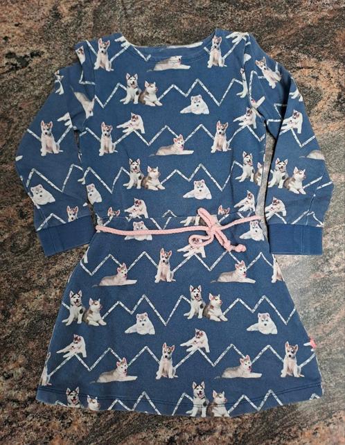 Mt 110 Donkerblauwe jurk lange mouwen husky puppies, Kinderen en Baby's, Kinderkleding | Maat 110, Zo goed als nieuw, Meisje, Jurk of Rok