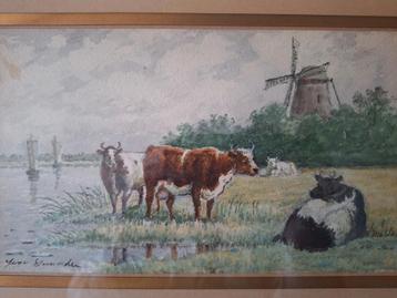 Frisse aquarel Jean Demolder Landschap met koeien en molen beschikbaar voor biedingen