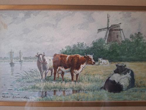 Frisse aquarel Jean Demolder Landschap met koeien en molen, Antiek en Kunst, Kunst | Schilderijen | Modern, Ophalen