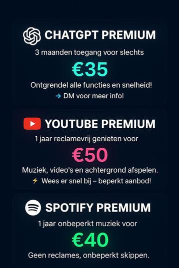 Youtube, spotify, chat gpt beschikbaar voor biedingen