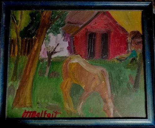 Hubert Malfait "" Paard op een erf "' olieverf op karton, Antiek en Kunst, Kunst | Schilderijen | Klassiek, Verzenden