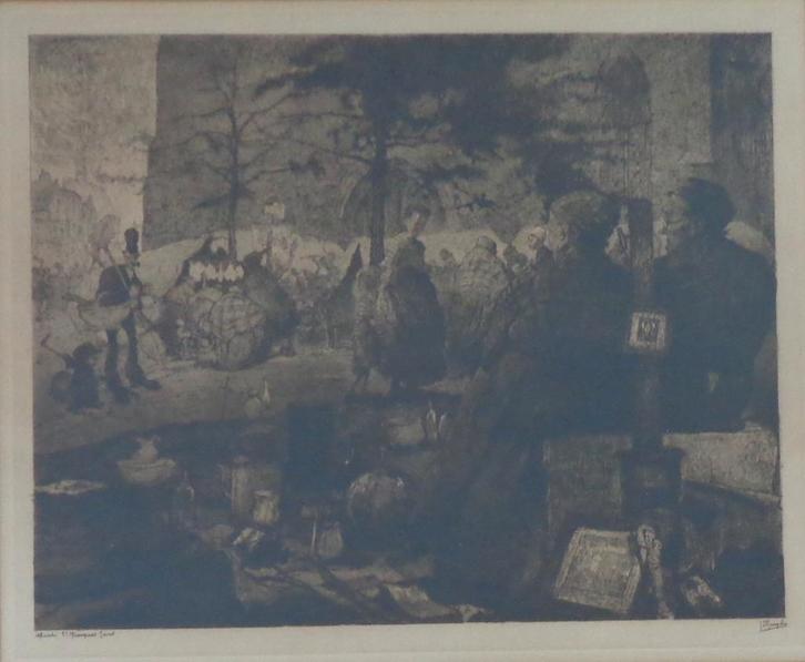 JULES DE BRUYCKER / MARCHE ST.JACQUES / ZW-W ETS 80x91cm KAD, Antiek en Kunst, Kunst | Litho's en Zeefdrukken, Ophalen