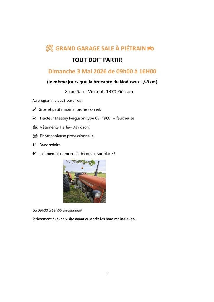 Garage sale, Piétrain 03 Mai, Maison & Meubles, Enlèvement, Utilisé