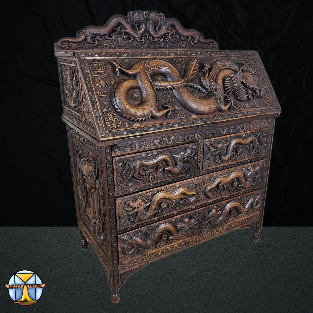 Antieke 19e Eeuwse Chinese Secretaire Draken Houtsnijwerk, Huis en Inrichting, Kasten | Secretaires, Ophalen of Verzenden