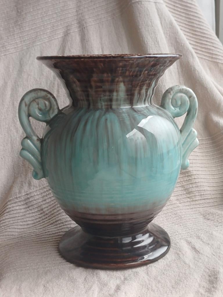 Vintage West Germany vaas, turquoise/bruin, 21 cm, Ophalen