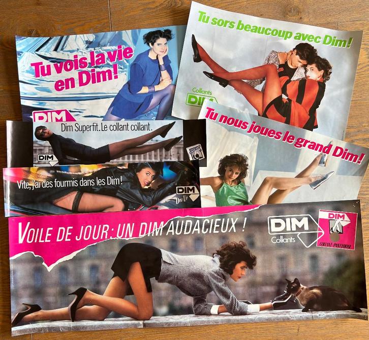 6 anciennes affichettes publicitaires Dim, Collections, Posters & Affiches, Utilisé, Publicité, A1 jusqu'à A3, Enlèvement