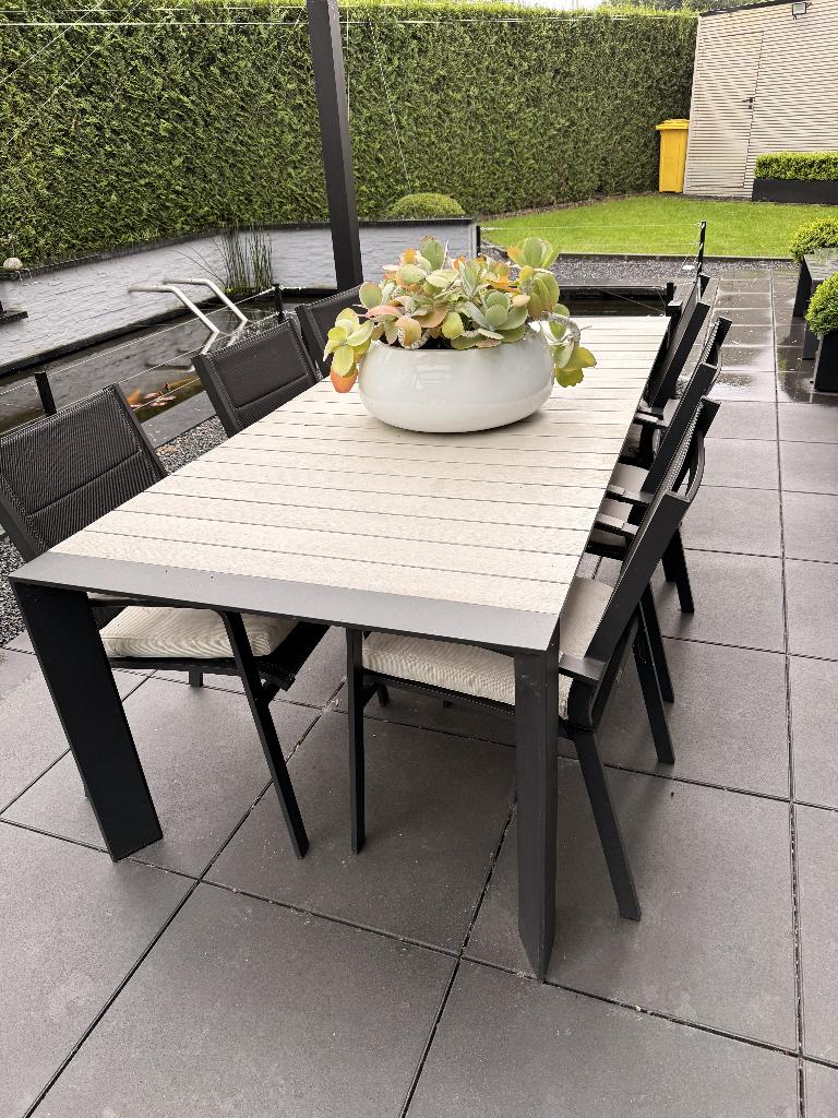 terrastafel + 6 stoelen, Tuin en Terras, Ophalen, Gebruikt, Rechthoekig, Aluminium
