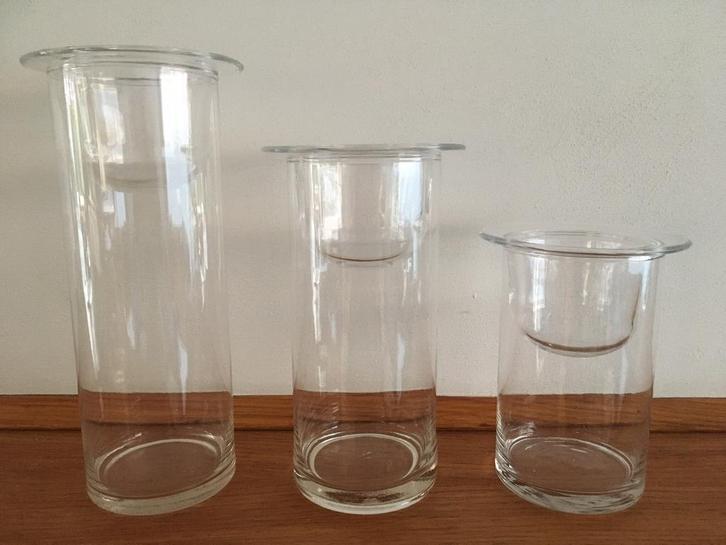 3 kaarsenhouders in glas, Huis en Inrichting, Woonaccessoires | Kandelaars en Kaarsen, Zo goed als nieuw, Kandelaar, Overige materialen