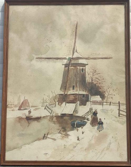 Aquarelle moulin a vent enneigé, Antiek en Kunst, Kunst | Schilderijen | Klassiek, Ophalen of Verzenden